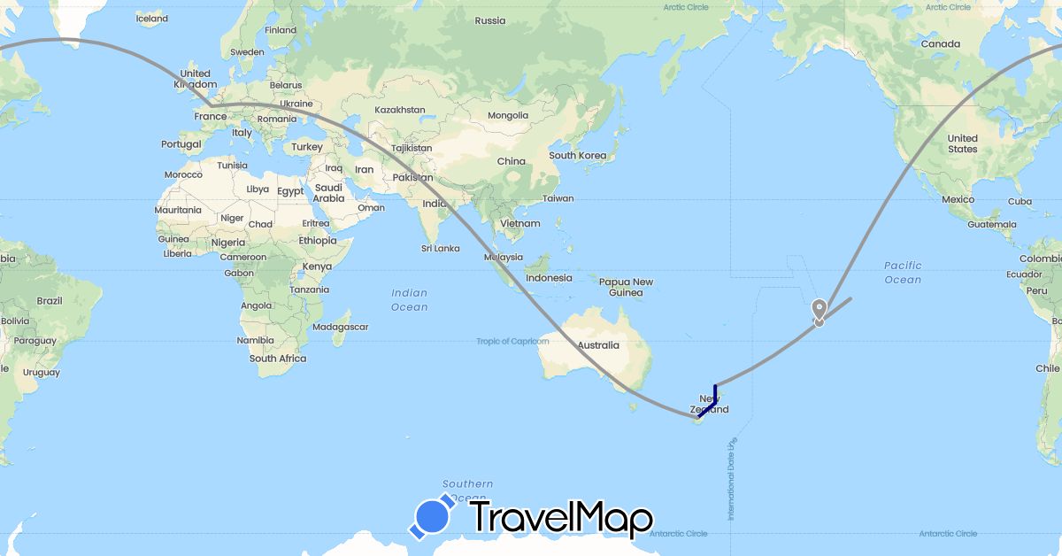 TravelMap itinerary: driving, plane in Australia, France, New Zealand, Singapore (Asia, Europe, Oceania)